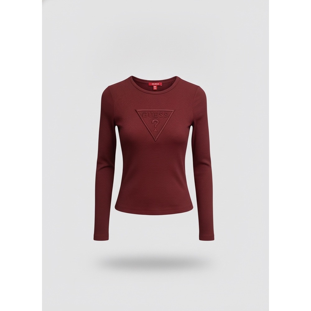 Guess Womens Burgundy Ribbed Long Sleeve Embroidered Triangle Logo Top M